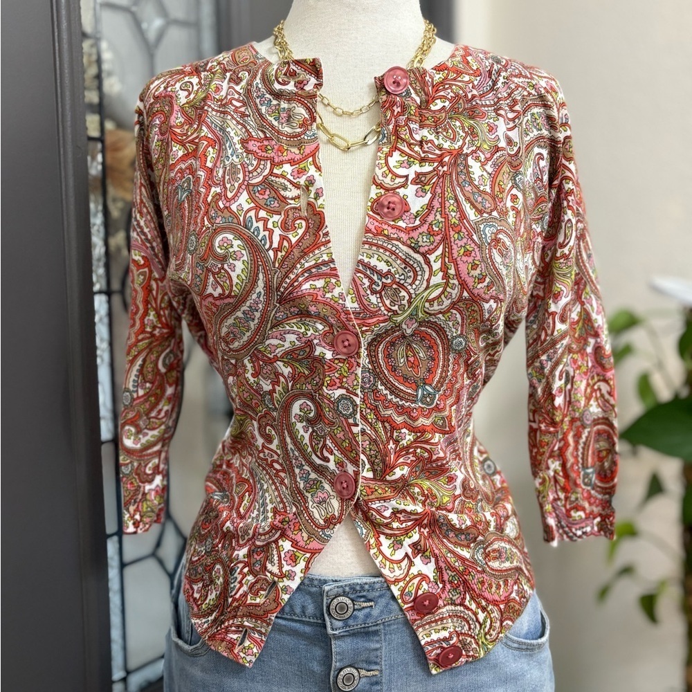 Talbots Vintage Colorful Paisley Print 3/4 Sleeve Button Down Cardigan Sweater